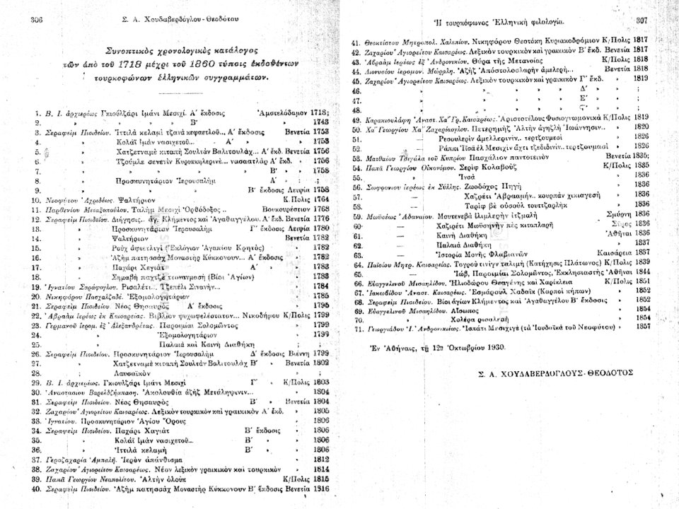 «Συνοπτικός χρονολογικός κατάλογος των από του 1718 μέχρι του 1860 τύποις εκδοθέντων τουρκόφωνων ελληνικών συγγραμμάτων» (1930)